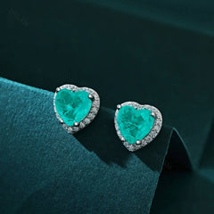 Aetolia Elegant Chic Love Heart Shaped Cubic Zirconia Earring 925 Silver Jewelry Sparkling Paraiba Emerald Heart Stud Earrings Women