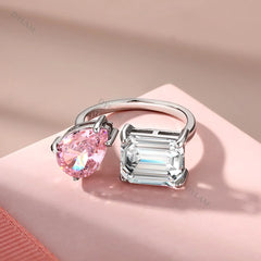 Aetolia Wholesale Adjustable Engagement Double Diamond Pink Rectangle Open Ring 8A Zircon Sterling S925 Silver Non Tarnish Rings