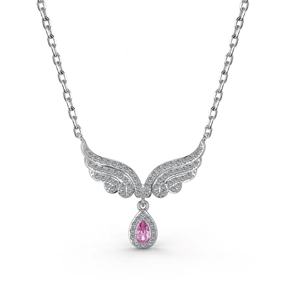 Aetolia Delicate Shiny Silver Angel Wings Pink Pear Shape Cz Cubic Zirconia Tear Drop Pendants For Women Necklace For Girls