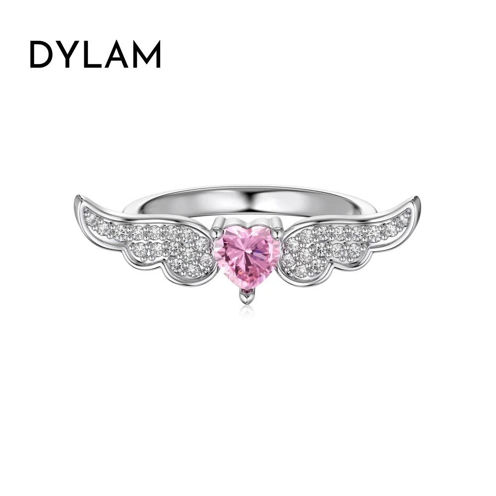 Aetolia Vintage Hot Selling S925 Sterling Silver Pink Heart Shape Ring Cz Cubic Zirconia Angel Wings Rings Jewelry For Women