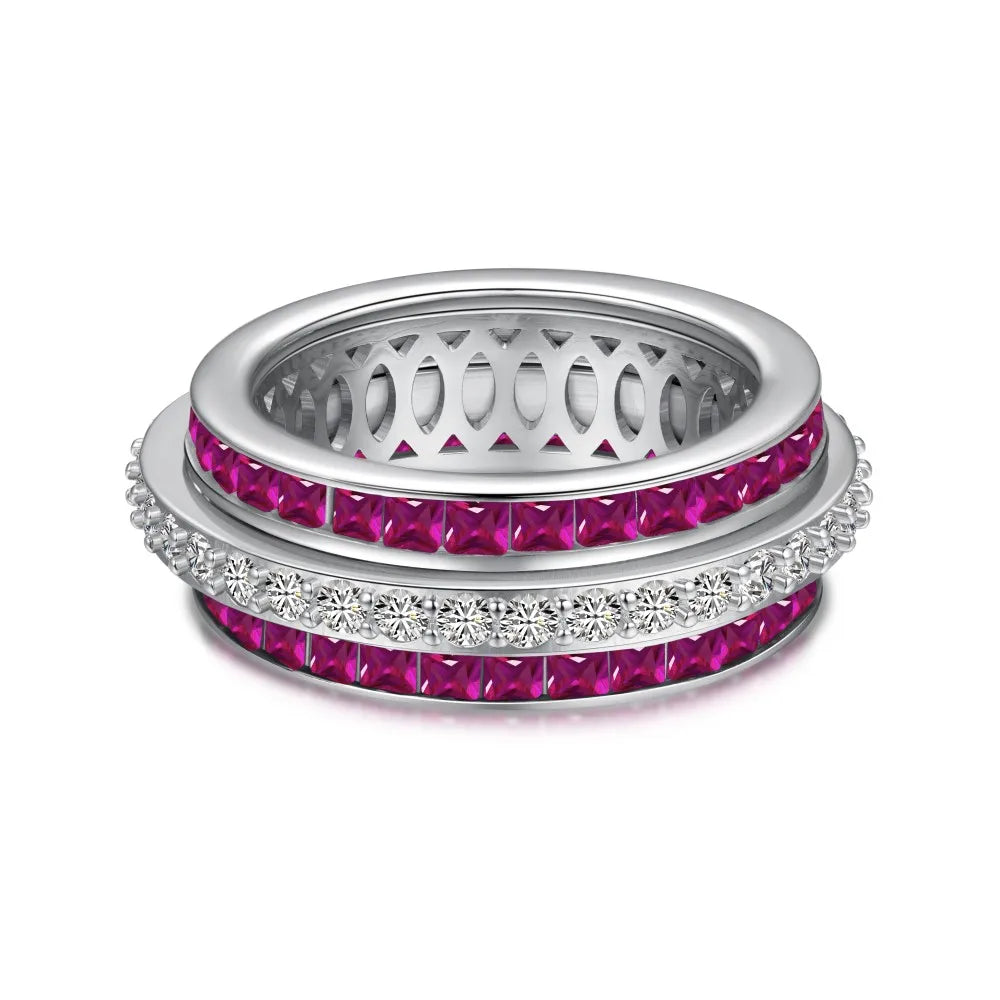Aetolia S925 Sterling Silver Cubic Zirconia Ruby Pink Emerald Ring Rotating Stress Relief Anxiety Spinner Rings Jewelry Women Men