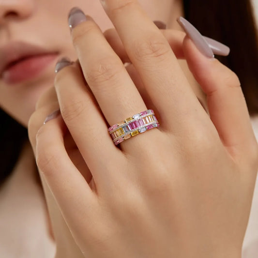 Aetolia Factory Iced Out Colorful Square Zircon Ring Hip Hop Fine Jewelry Bling Tennis Ring For Rapper Gift Party Wholesale