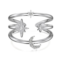 Aetolia New Design S925 Silver Three Layer Crescent Star Celestial Ring Cz Zirconia Waterproof Open Cluster Rings Jewelry Women