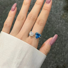 Aetolia Wholesale New Fashionable Cz Jewelry S925 Silver Pink Blue Ring Love Double Hearts Adjustable Open Rings Resizable For Women