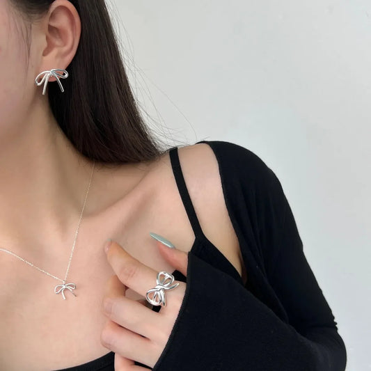 Aetolia New Design Bowknot Shape Rings For Women Open S925 Sterling Silver Ring Earring Necklace Jewelry Set Wholesale Gifts