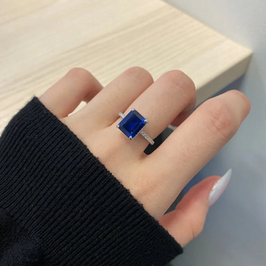 Aetolia New Arrival S925 Sterling Silver Ring Cz Cubic Zircon Vintage Rectangle Blue Emerald Promise Wedding Engagement Ring For Women