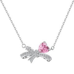 Aetolia Exquisite Fine Bow Tie Charm Necklace 925 Sterling Silver Pink Cubic Zirconia Heart Pendant Necklace Jewelry Set For Women