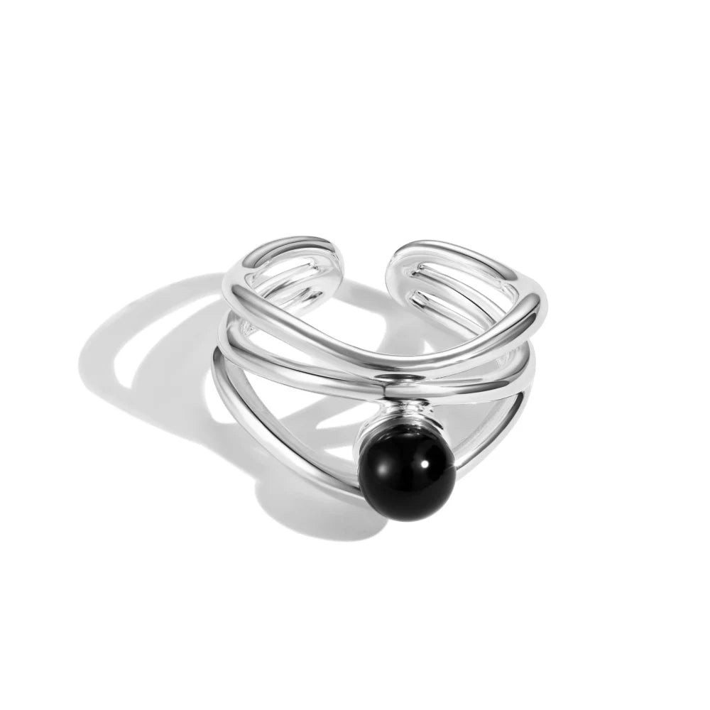 Aetolia  Exquisite In Stock S925 Sterling Silver Ring Double Layer Simple Style Black Agate Onyx Open Adjustable Rings For Women