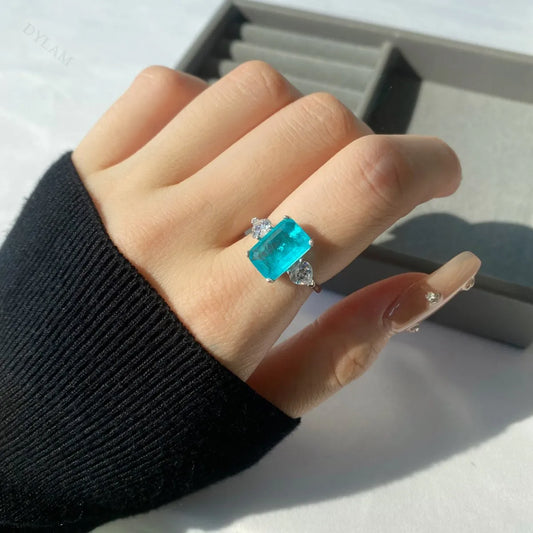 Aetolia Trendy Elegant Paraiba Stone Ring 925 Sterling Silver Square Shape Paraiba Tourmaline Promise Rings Jewelry Women