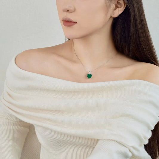 Aetolia Wholesale Jewelry S925 Silver Green Emerald Heart Necklaces For Women Big Cz Cubic Zircon Diamond Heart Pendant Necklace