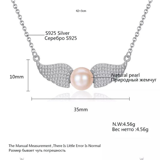 Aetolia 925 Sterling Silver Natural Freshwater Pearl Necklace Angel Wings Pendant Necklace FN0012