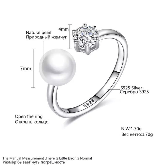 Aetolia 925 Sterling Silver Natural Freshwater Pearl Rings Round CZ Diamond Solitaire Adjustable Open Ring FR0065