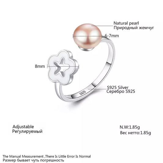 Aetolia 925 Sterling Silver Natural Freshwater Pearl Rings Seashell Plum Blossom Adjustable Open Ring FR0013