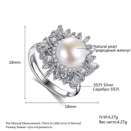 Aetolia 925 Sterling Silver Natural Freshwater Pearl Rings Snowflake Paved CZ Diamond Adjustable Open Ring FR0005