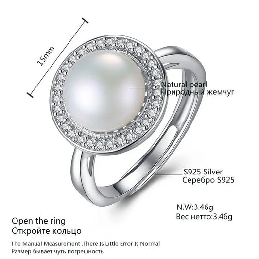 Aetolia 925 Sterling Silver Natural Freshwater Pearl Rings Circular Disc Halo CZ Diamond Adjustable Open Ring FR0002