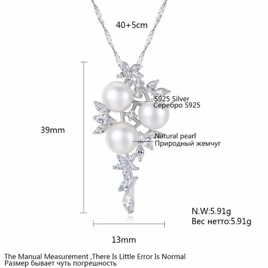 Aetolia 925 Sterling Silver Natural Freshwater Pearl Necklace Blossom 3 Pearls Pendant Necklace FN0079