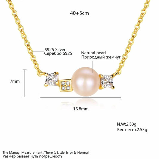 Aetolia 925 Sterling Silver Natural Freshwater Pearl Necklace 2 Square Solitaire CZ Diamond Pendant Necklace FN0089