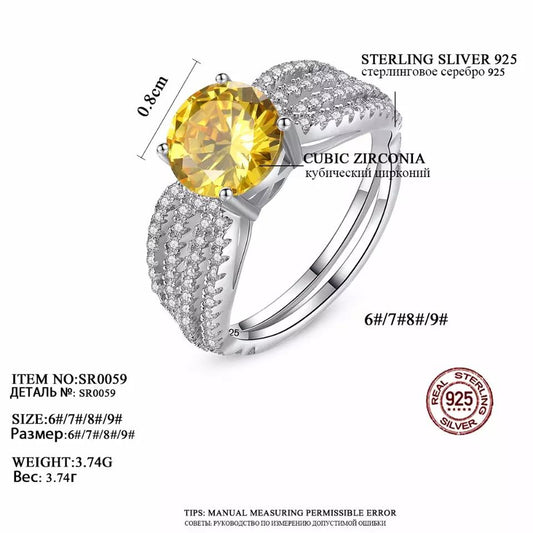 Aetolia 925 Sterling Silver 18K Gold Plated Four Row Yellow CZ Diamond Solitaire Engagement Wedding Ring SR0059