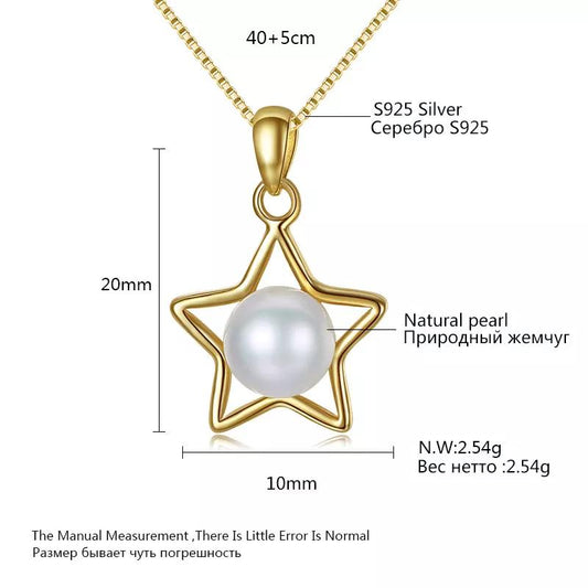 Aetolia 925 Sterling Silver Natural Freshwater Pearl Necklace Hollow Pentagram Pendant Necklace FN0015