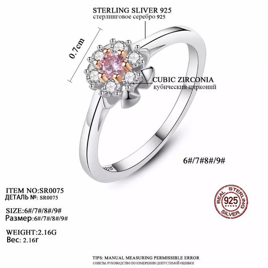 Aetolia 925 Sterling Silver 18K Gold Plated Flower Shaped Pink Solitaire CZ Diamond Ring SR0057