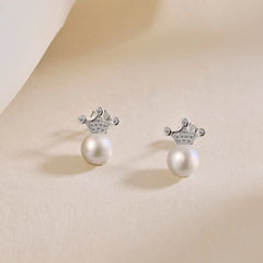 Aetolia Cute Charming S925 Sterling Silver Crown Shape Paved Dangle Round Cz Cubic Zirconia Diamond Stud Pearl Bridal Earrings For Women