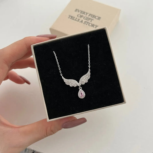 Aetolia Delicate Shiny Silver Angel Wings Pink Pear Shape Cz Cubic Zirconia Tear Drop Pendants For Women Necklace For Girls