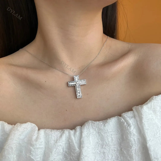 Aetolia wholesale INS Hot Women long Chains Rhodium Plated 5A square CZ cubic zircon Necklaces Sterling Silver 925 Cross Necklace