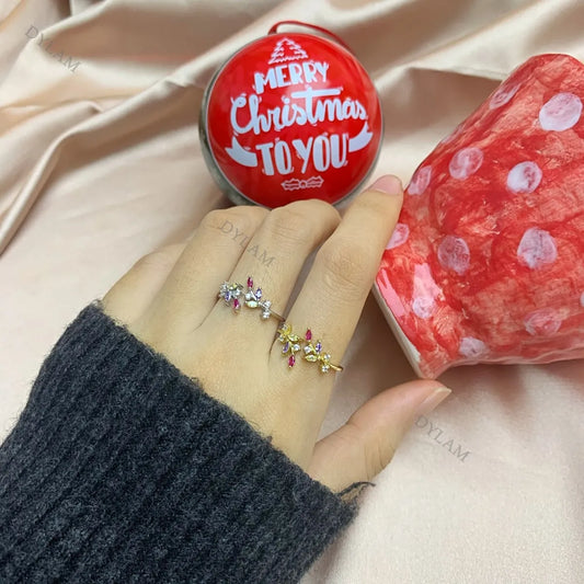 Aetolia New Arrival Christmas Collection Open Ring Leaves Colorful CZ Stone Small Zircon Resizable Open Ring For Women Gift