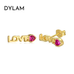 Aetolia High Quality Sterling 925 Silver Love Red Heart Zircon Fashion Jewelry Letter Gold Plated Stud Earrings