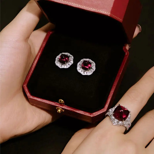 Aetolia Fast Delivery Princess Diamond Ring S925 Silver Custom Cz Cubic Zirconia Red Sugar Loaf Stone Earring Rings Jewelry Sets Women