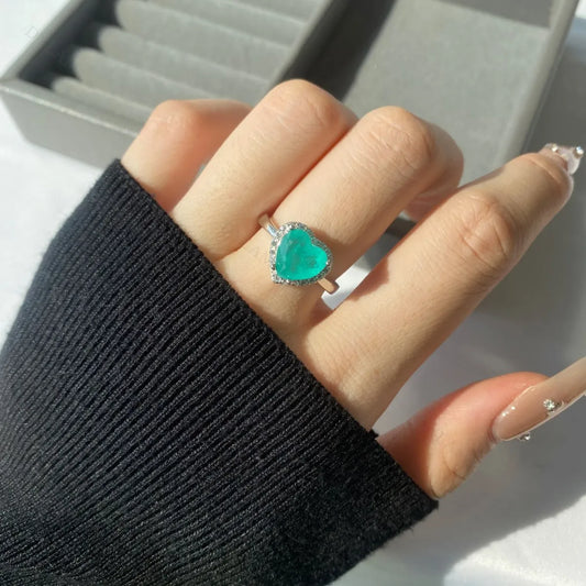 Aetolia Customized Cubic Zircon Wedding Jewelry 925 Sterling Silver Ring Emerald Heart Shape Synthetic Paraiba Rings For Women