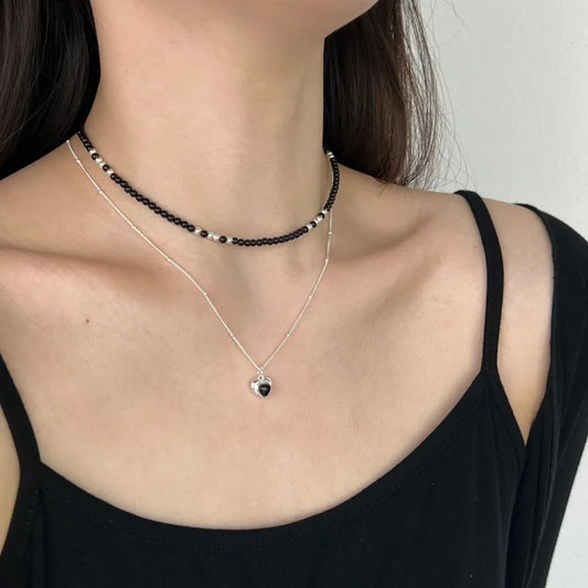 Aetolia New S925 Sterling Silver Black Onyx Heart Pendant Necklaces For Women Clavicle Chain Link Romantic Love Cute Bead Necklace