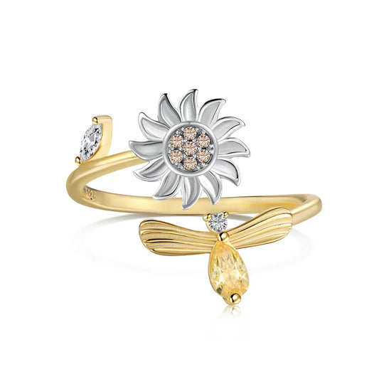 Aetolia Cute Sunflower Spinning Anxiety Ring Adjustable Open 18K Gold Plated Sunflower Sunshine Rings For Women Valentine'S Day