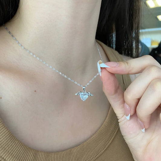 Aetolia Luxury Moissanite Cubic Zirconia Necklace Chain 925 Sterling Silver Heart Shape Women Wedding Jewelry Angel Wing Pendant