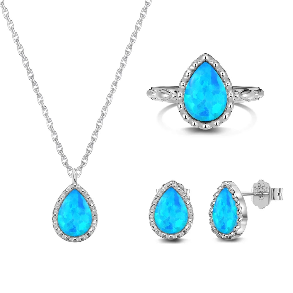 Aetolia Silver Blue Opal Ring Waterdrop Charm Pendant Necklaces Women Original Minimalist Joyas De Plata Stud Earring Jewelry Set