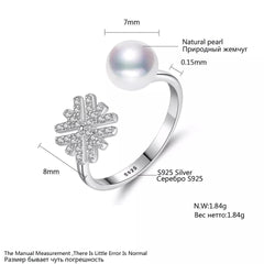 Aetolia 925 Sterling Silver Natural Freshwater Pearl Rings Snowflake Adjustable Open Ring FR0004