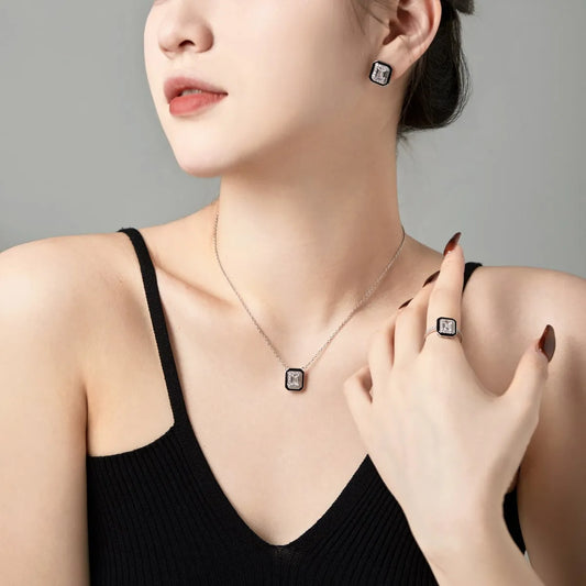 Aetolia Trendy Statement Black Cz Cubic Zirconia Square Necklace Elegant Sterling Silver 925 Women Zircon Necklaces Jewelry Set