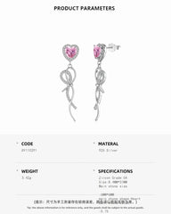 Aetolia Exquisite Elegant S925 Silver Long Tassel Bow Knot Dangle Earring Cz Zirconia Pendant Pink Heart Stud Earrings For Women