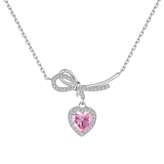 Aetolia Luxury Exquisite Bow-Tied Love S925 Sterling Silver Necklace Pendant Chain Cubic Zircon Pink Heart Necklaces For Women