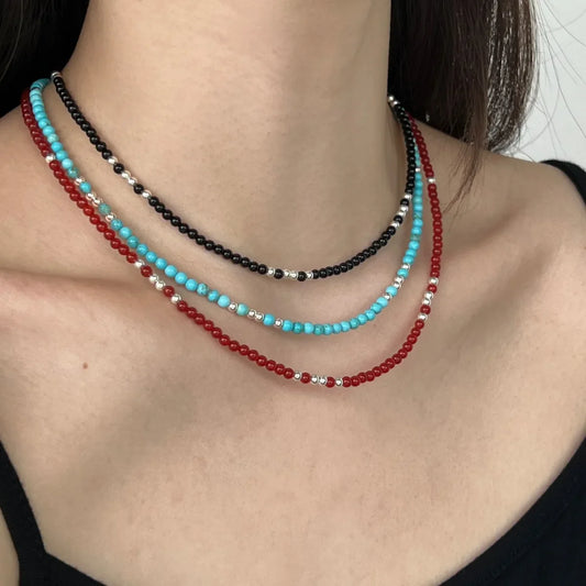 Aetolia Bohemian Ethnic Style Jewelry Choker Handmade Beaded Blue Turquoise Black Necklace S925 Silver Onyx Necklaces For Women