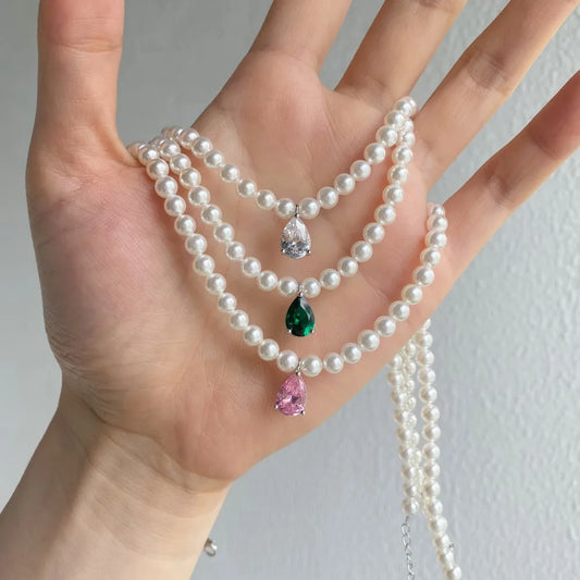 Aetolia Custom Logo Aetolia New Waterproof Jewelry Pearl Chain Drop Charm Cz Cubic Zirconia Pink Emerald Pendant Necklaces For Women