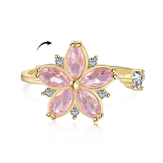 Aetolia Wholesale Adjustable Pink Flower Minimalist 18K Gold Plated Ring S925 Silver Open Spinning Fidget Anxiety Rings For Women