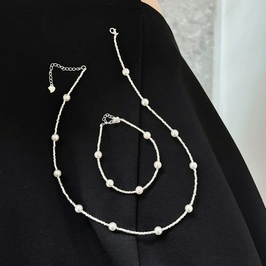 Aetolia Minimalism 925 Broken Silver Beads Charm Necklace Clavicle Chain Shell Pearl Necklaces For Women Bracelet Jewelry Set