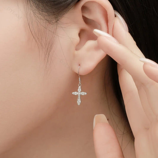 Aetolia Bling Cubic Zirconia Charm Cross Drop Earrings Women 18K Gold Plated Ear Clip Hook Earring 925 Sterling Silver Jewelry