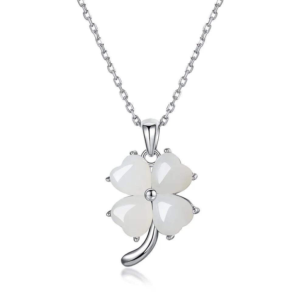 Aetolia S925 Sterling Silver 18K Gold-Plated Hotan Jasper Fine Exquisite Lucky Four Leaf Clover Clover Pendant Necklaces For Women Lady