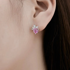 Aetolia Cheap Price Odm/Oem Pink Sapphire Snowflake Heart Earrings Women 925 Silver Plated Platinum Cubic Zircon Stud Earring