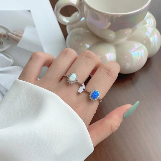 Aetolia 5A Cz Cubic Zirconia Sunflower oval S925 Sterling Silver Fashion Jewelry Ring For Engagement Wedding Round Blue Opal Ring