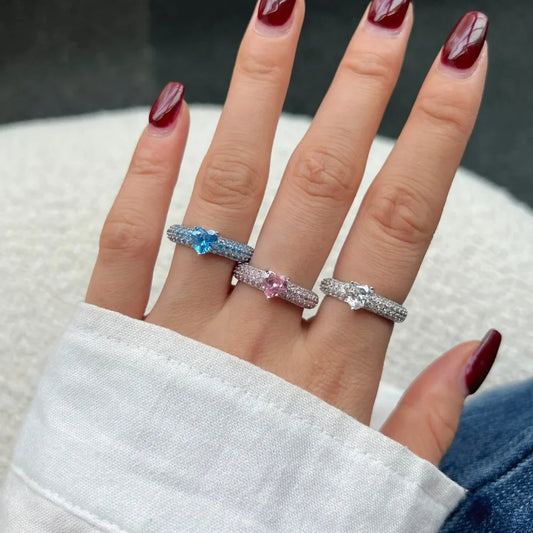 Aetolia Classic S925 Silver Set Cz Heart Ring Pink Blue Diamond Wedding Ring Couple Engagement Band Bridal Set Rings Jewelry Women