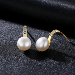 Aetolia 925 Sterling Silver Natural Freshwater Pearl Earrings Round Pearl CZ Diamond Stud Earrings FE0015