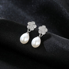 Aetolia 925 Sterling Silver Natural Freshwater Pearl Earrings Halo CZ Diamond Flower Drop Stud Earrings FE0070